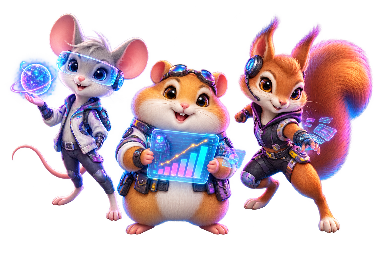 Three friendly EasyAgent rodent AI specialists: a coder mouse, analyst hamster, and operations squirrel