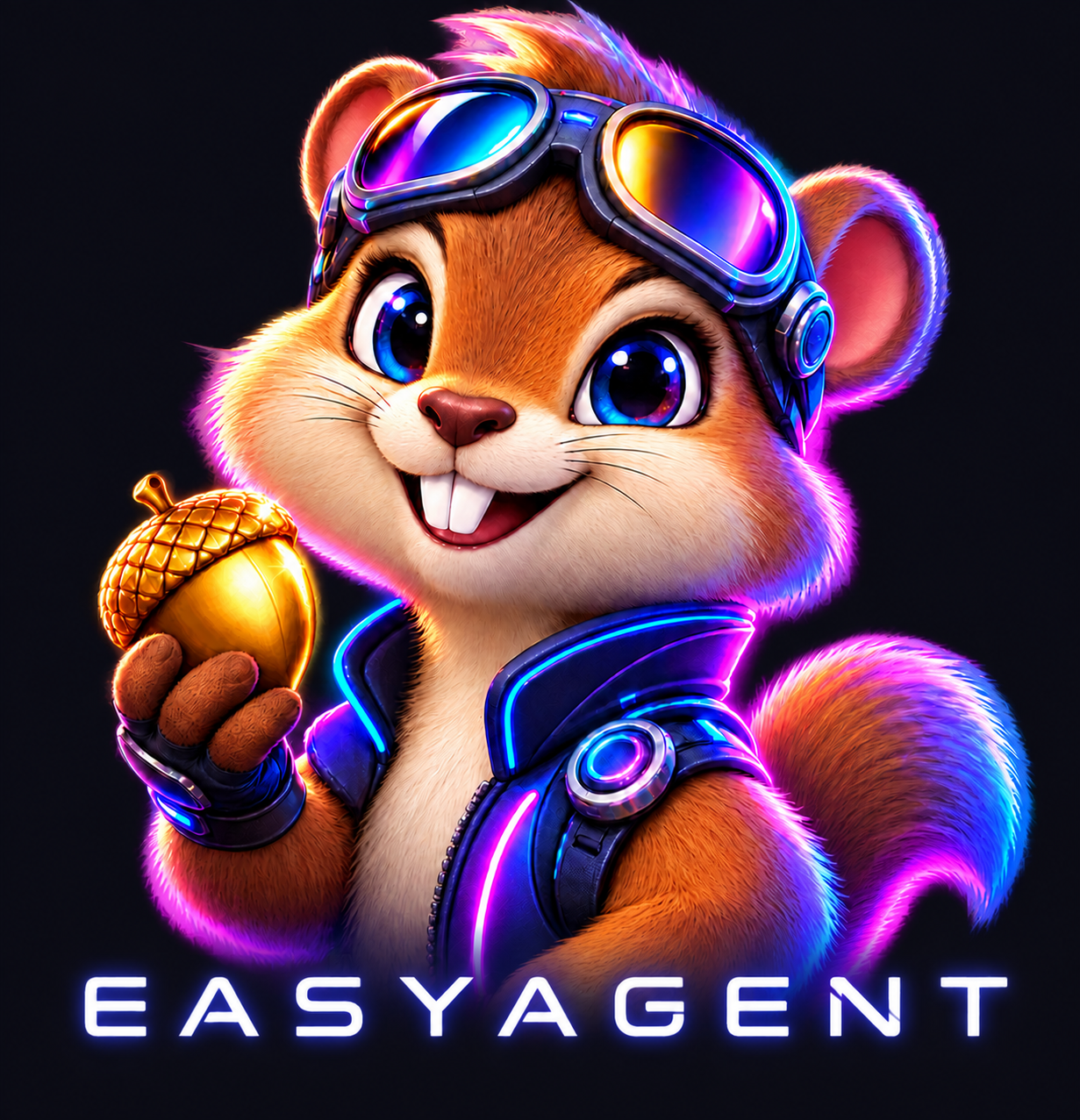 EasyAgent rodent mascot wearing futuristic goggles and holding a golden acorn